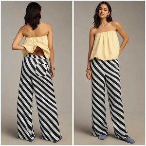 Anthropologie Maeve The Brooklin Printed Wide-Leg Pull-On Pants Blue Stripe